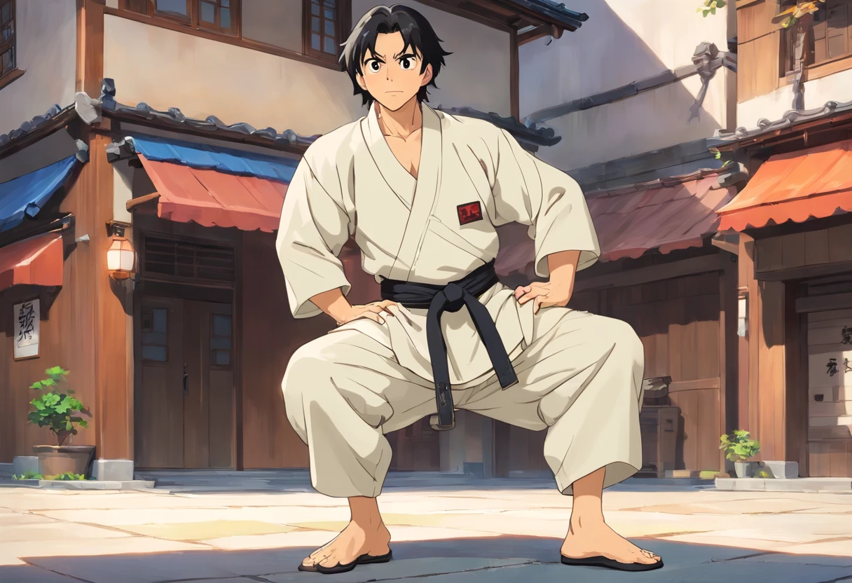 Toji is a tall, muscular man, with straight, medium-length black hair that reaches the ears. your eyes are green, assim como os do filho, and he has thin black eyebrows and a scar on the right corner of his lip.
Para um traje casual, Toji wears a simple outfit consisting of a long-sleeved shirt and pants with matching sandals.. Durante a luta, Toji usa uma camisa justa de manga curta, baggy beige sports pants with a black braided belt at the waist and black martial arts shoes. Still a member of the Zenin family, Toji usava um haori de cor escura sobre um yukata preto.
After being revived by Grandma Ogami, Toji habita o corpo do neto. He wears a loose white sweater along with black pants and black shoes.