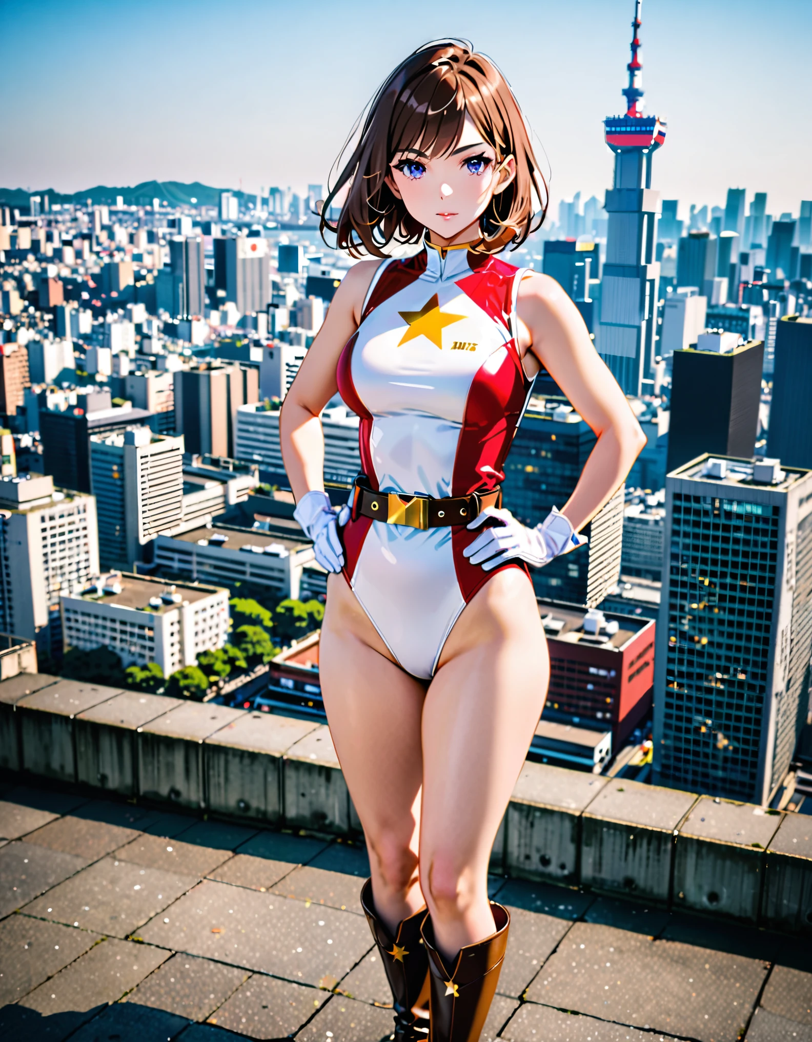 (masterpiece), (best quality), (high res), medium breasts, ((leotard, white and red leotard, matching leotard, sleeveless, bare legs)), ((tight belt, gold belt)), ((boots, matching boots, ankle-high boots, white boots)), ((gloves, white gloves)), city backdrop, tokyo city backdrop, solo, single, hands on hip, standing, ((full body shot)), cowboy shot, superhero, ((beautiful detailed eyes)), ((gold star symbol on chest)), (brown hair, medium hair, bob hair, purple eyes), (perfect anatomy). full body costume design. 