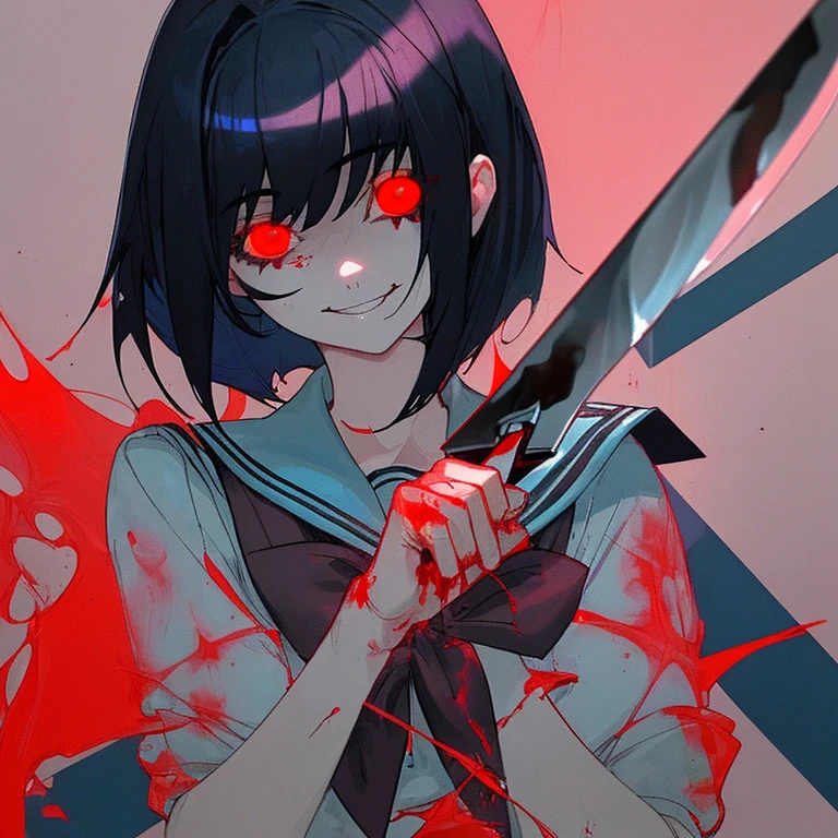 A shy and phycopath school girl with blue and black hair holding a bloody knife with a smile on her face and her eye was glowing red