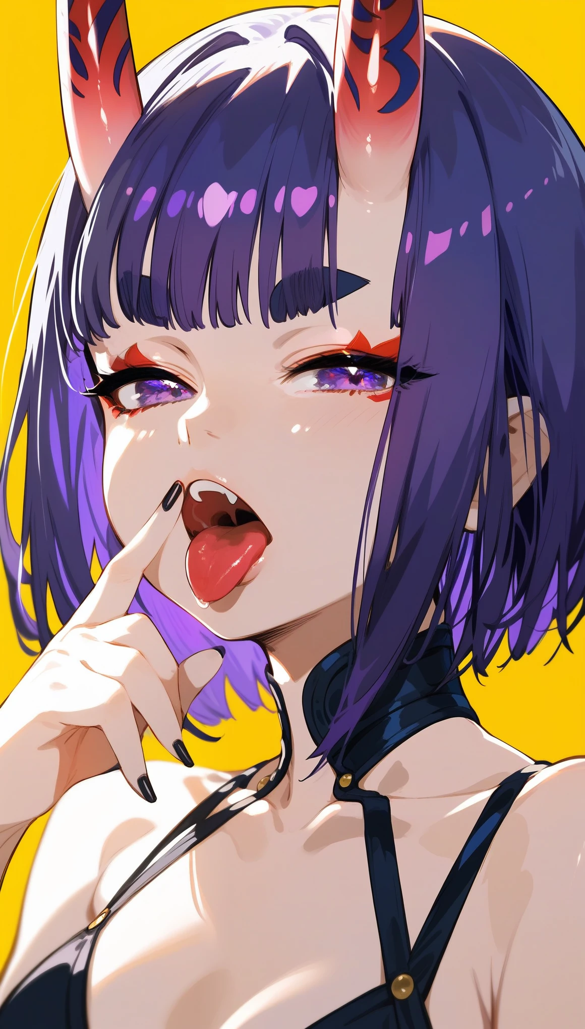 score_9,score_8_up,score_7_up,score_6_up,1girl,solo,tongue,shuten douji \(fate\),purple eyes,tongue out,bangs,looking at viewer,makeup,black nails,short hair,purple hair,fang,portrait,nail polish,bob cut,eyeliner,close-up,oni horns,yellow background,eyeshadow,eyelashes,short eyebrows,fingernails,blunt bangs,open mouth,finger to mouth,thick eyebrows,