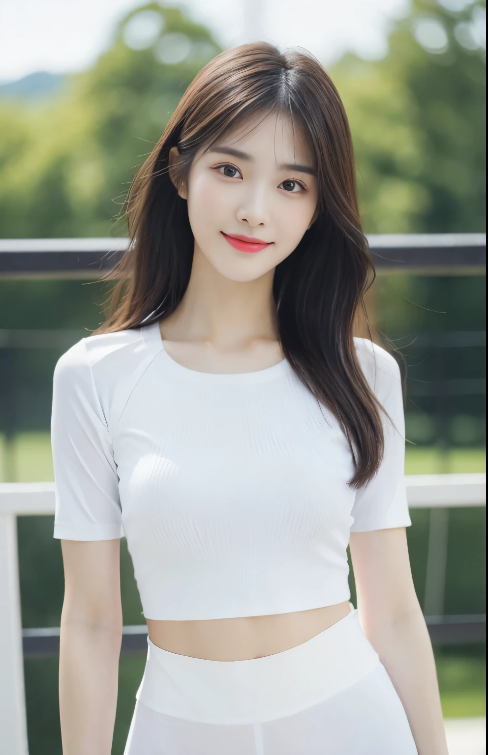 (Ultra Realistic), (ultra High Resolution), (8K), (Very Detailed), (Best Quality), (Ultra Detailed), (Masterpiece), (Wallpaper),Photo, Realistic, (photorealistic: 1.0), raw photo, deep masterpiece,
Live Action - (Realistic lighting, Top Quality, 8K, Masterpiece: 1.3)), Clear Focus: 1.2, (Outdoor, Night: 1.1), sharp focus, cinematic lighting,
Canon EOS R5, 50mm,
beautiful south korean woman, beautiful young korean woman, korean women's fashion model, ulzzang,
Whitened skin, Fine eyes,smiling, Ultra Fine Makeup,detailed brown hair, long hair,
flat chest,
(skinny and fit body:1.3), thigh gap, realistic glistening skin, slim waist,
High quality work, (white color sports tops, white color sports leggings:1.4), whole body
Full Leg : 1.2, gym background,
Lookout, Detailed,
absurdres, no nipple,
Solo, Woman, 1 Girl,