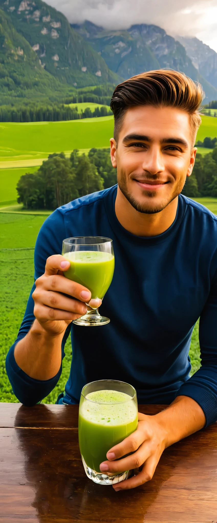 A barley juice in an expensive glass toast by a handsome man in his 20's with a beautiful scenery at the background