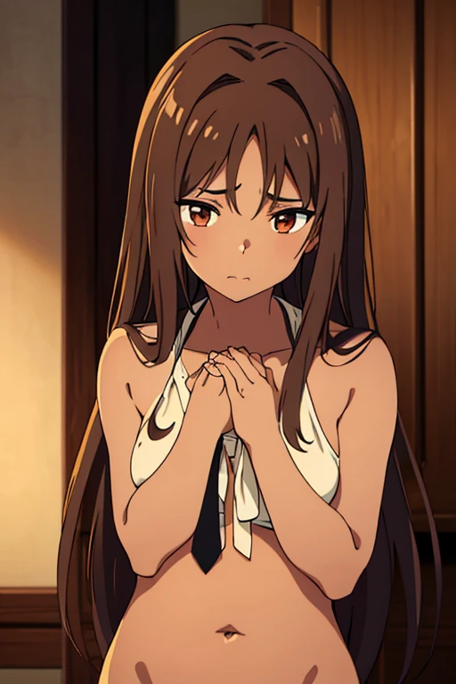 ((best quality)), ((masterpiece)), (detailed), perfect face, brown skin anime girl in a deep V Neck front-tie top, (bare shoulders), famished in hunger, (gently resting hands on stomach), (long hair), (hands on her stomach)