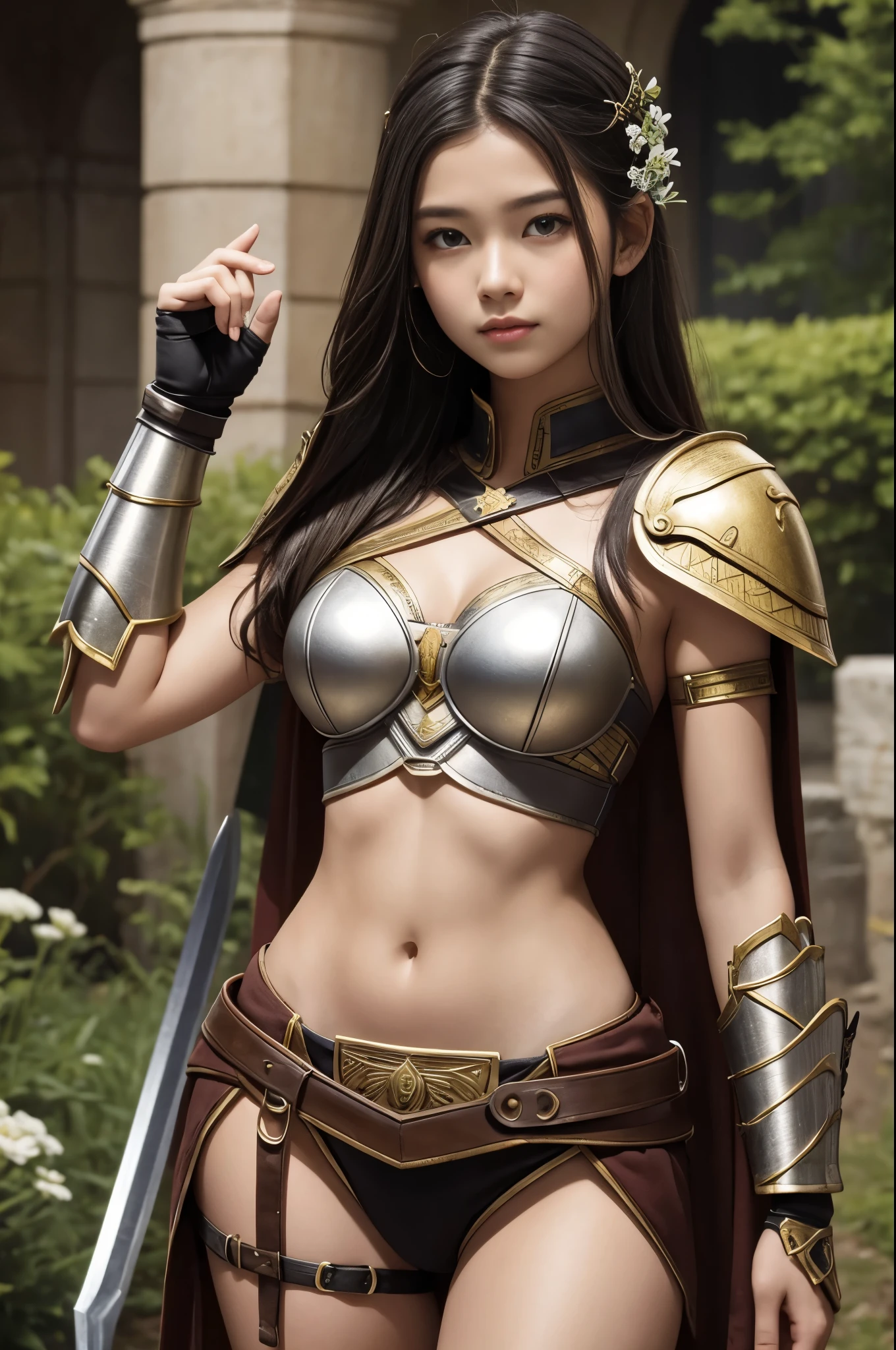 teen girl, roman warrior, princess blade, 16 years old, teenager girl, small breasts, mini cropped, valkyrian princess, korean, detailed face, beautiful, confiant, background in United Kingdon land with flowers, full body