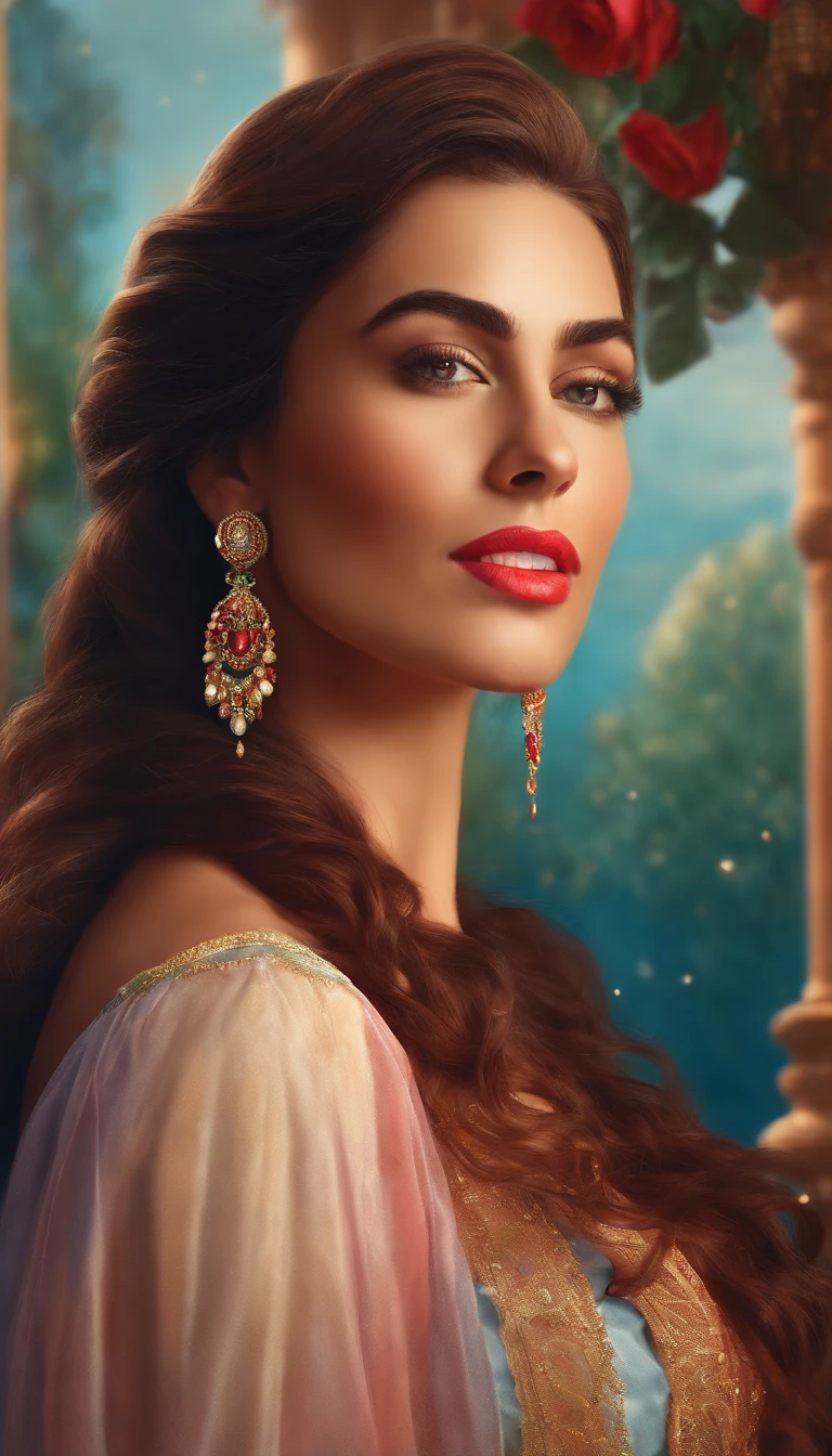 A stunning digital dot matrix portrait of a woman, showcasing her vibrant and lively colors. The close-up shot focuses on her face, with her long, flowing hair parted on the side and adorned by a rose delicately tucked behind her ear. The artist, Supersy, has skillfully captured the depth and dimension in her expression. The cinematic visual style of the piece is reminiscent of a movie poster, capturing the essence of the subject in a single, captivating image., photo, illustration, poster, vibrant, painting, cinematic