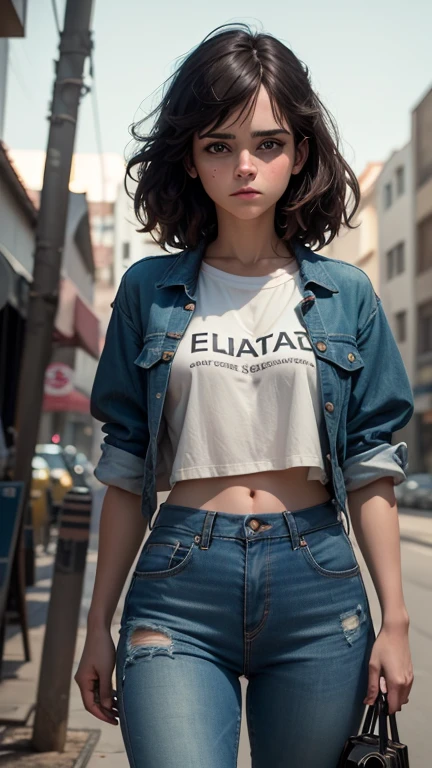 emma watson,cabello rubio. Bright blue eyes that speak of innocence and acceptance.. Estructura esbelta y hermosa figura.. pantalones cortos ajustados. top corto. Fuera de la nave espacial. Pecho y piernas expuesto, Ropa rota. Parada de frente. Retrospectiva. Foto cruda, shapuri, by lee jeffries nikon d850 film photography graphics 4 camera kodak portra 400 f1.6 lentes de colores ricos textura realista hiperrealista, spectacular lighting, motor irreal, tendencia en artstation cinestill 800,