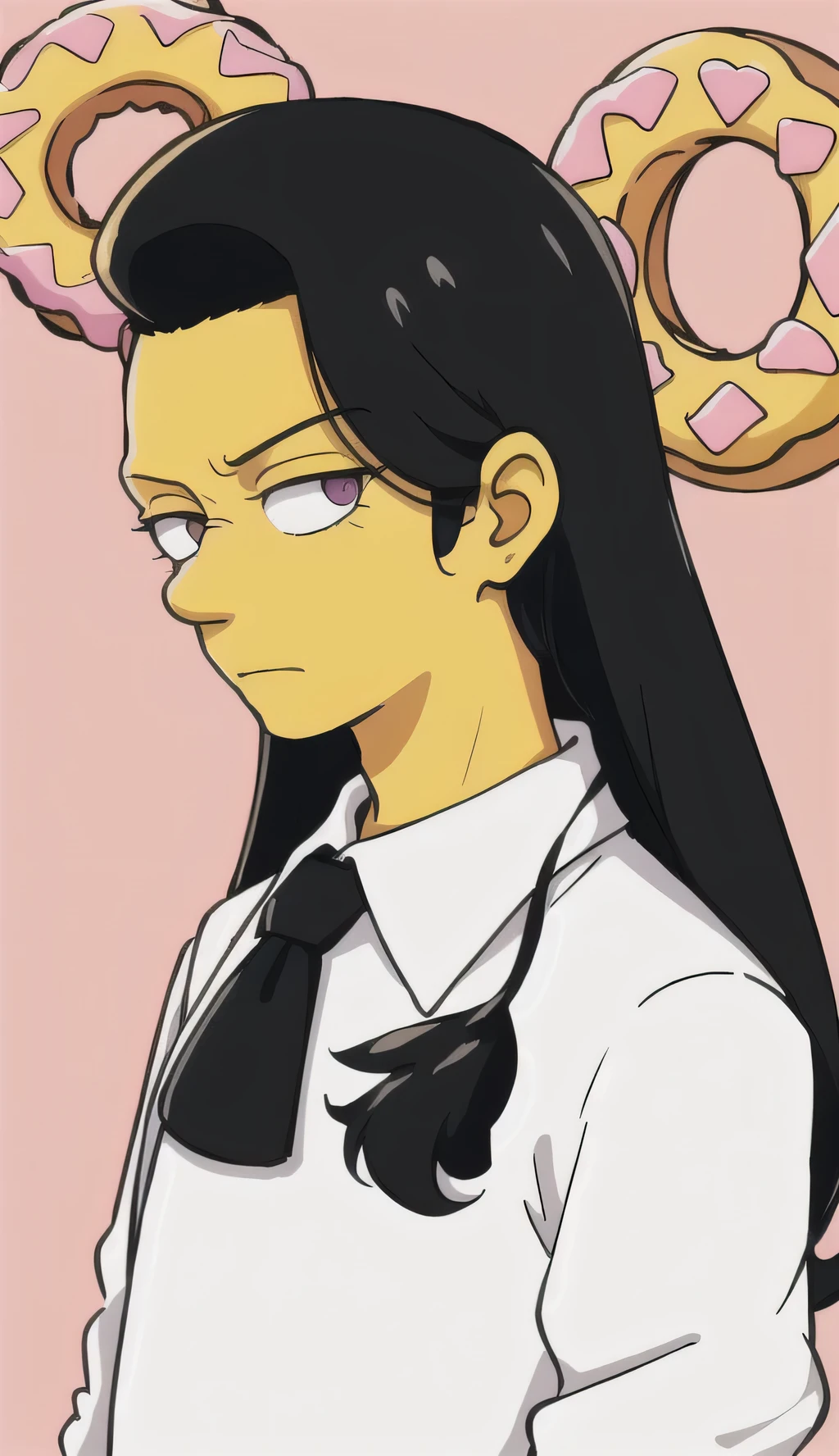 Male character, yellow skin, long black hair, white shirt, black collar and sleeves, the simpson style, profile photo, front perspective, looking at the viewer, small nose, closed mouth, donuts pattern background, pink frosted donut with sprinkles,