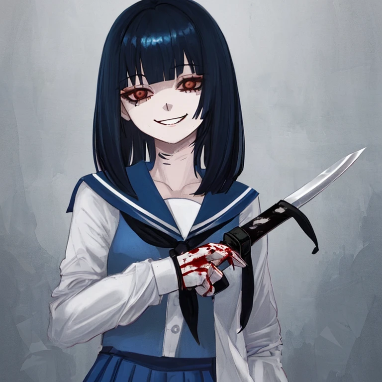 A shy and phycopath school girl with blue and black hair holding a bloody knife with a smile on her face but she still cute