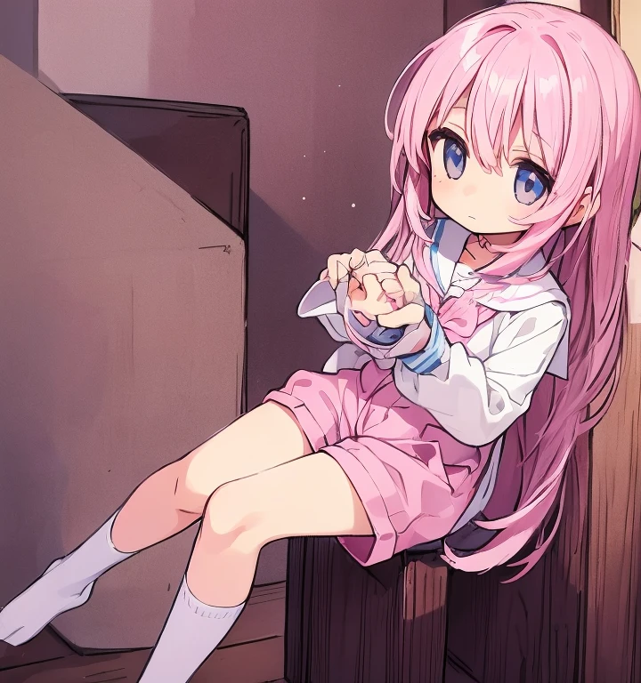 Beautiful illustrations, highest quality, (:1.4)、(pretty girl:1.5)、、Flat Chest、Sailor collar、(White long tunic)、Long sleeve sailor suit、Blue-line cuffs、(Pink Chino Shorts:1.7)、(Pink shorts with wide openings:1.6)、Gap between thigh and pants、Thin thighs、White socks、 Cinema Lighting, (Pink Long Hair)、Pink Straight Hair、Redness on the cheeks、(Braiding of the back of the head)