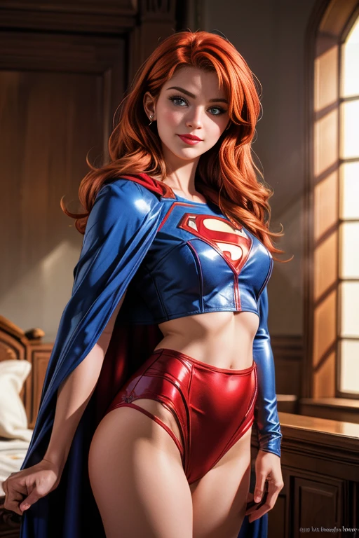 une femme de 25 ans, rousse, sexy, romantic smile, HD, 88k, masterpiece, a lot of details, superman cosplay, sexy, lingerie, cape