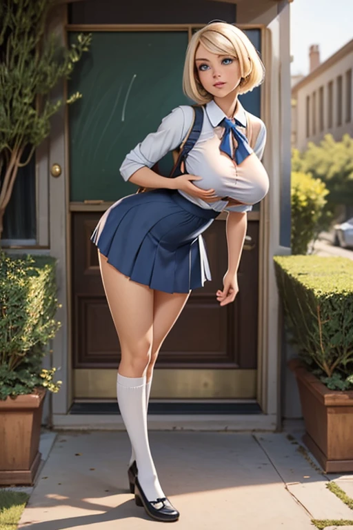 pose:full body shot,(platinum blonde hair,short hair,intense blue eyes sexy eyes sensual smile delicate nose round eyes wide lips almond shaped eyes oval face tall and skinny, beautiful figure),(huge round breasts:1.6),(round butt shape:1.5, high heels,beautiful legs,short hair,(school girl uniform:1.4),facing the camera),high heels,in a garden of a house,(school girl uniform:1.4)