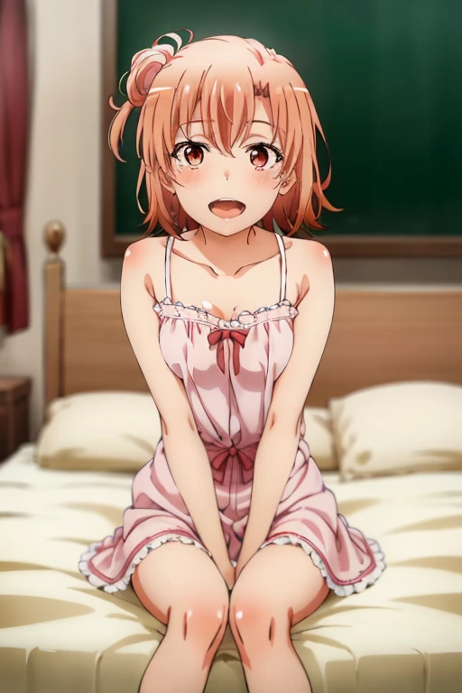 ((highest quality)), ((masterpiece)), (be familiar with), Perfect Face, indoor, Bedroom, Watching the audience,
One woman, Yuigahama Yui,
Open Mouth, Ecstatic expression, blush, smile,
Small breasts, Flat Chest, Young Girl, , , Girl,
Short Hair, Salmon-colored hair, Salmon-colored eyes, Side Pony,
Leg spread,