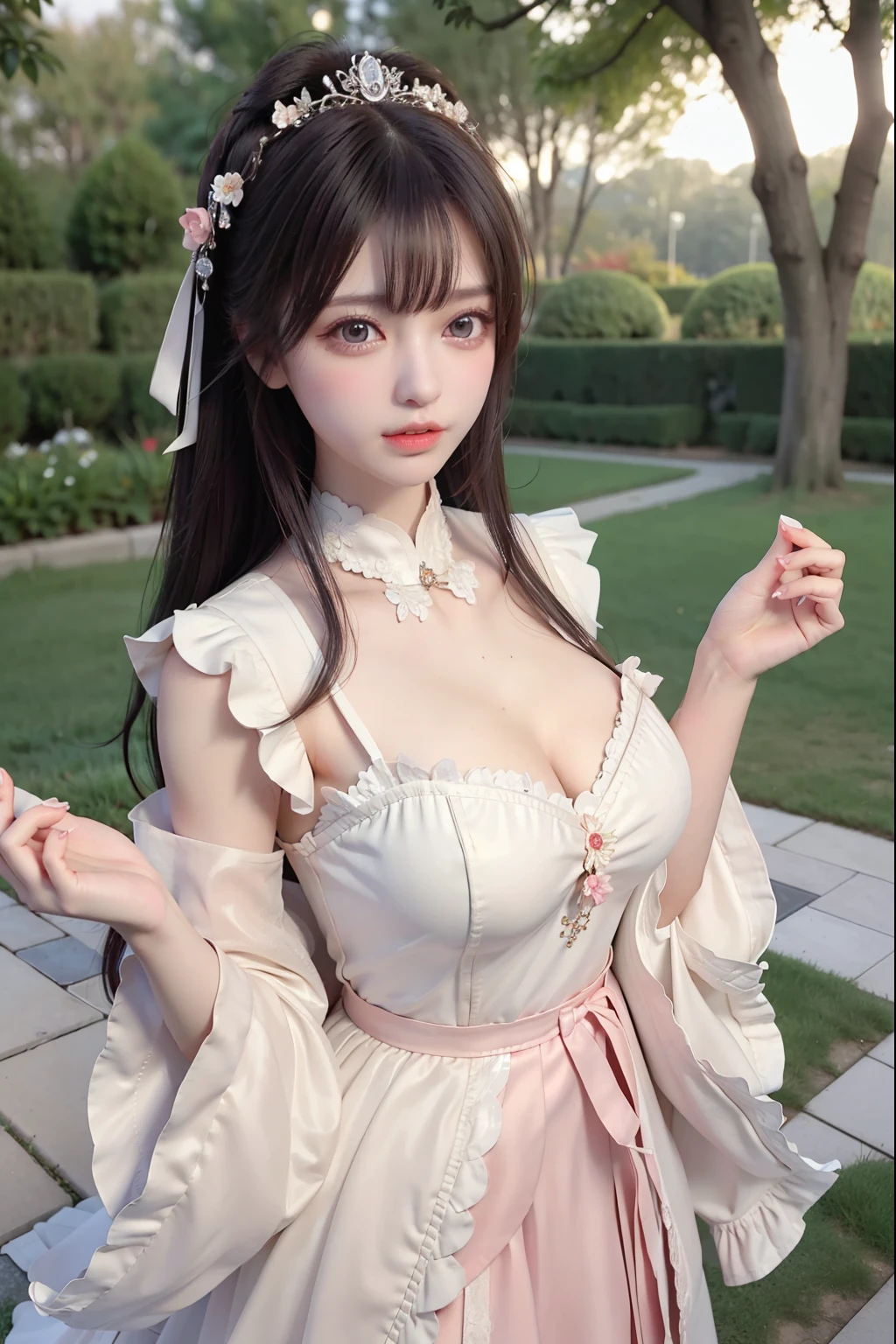 ((masterpiece)), ((highest quality、Ultra high definition)), (Very detailed),8K、Photo quality、((Amazingly cute girl)),( ), Two people, , (Beautiful emerald blue eyes), ((smile)),In the open-air bath overlooking the sea, Beautifully arranged black hair in twin tails、whole body、((Super high-end white see-through summer gothic lolita maid costA super mini skirt with lots of frills))、Professional Lighting、(White lace knee-highore detailed and beautiful)、(More details and cutenesore realistic)、(((Winking with one eye closed)))、