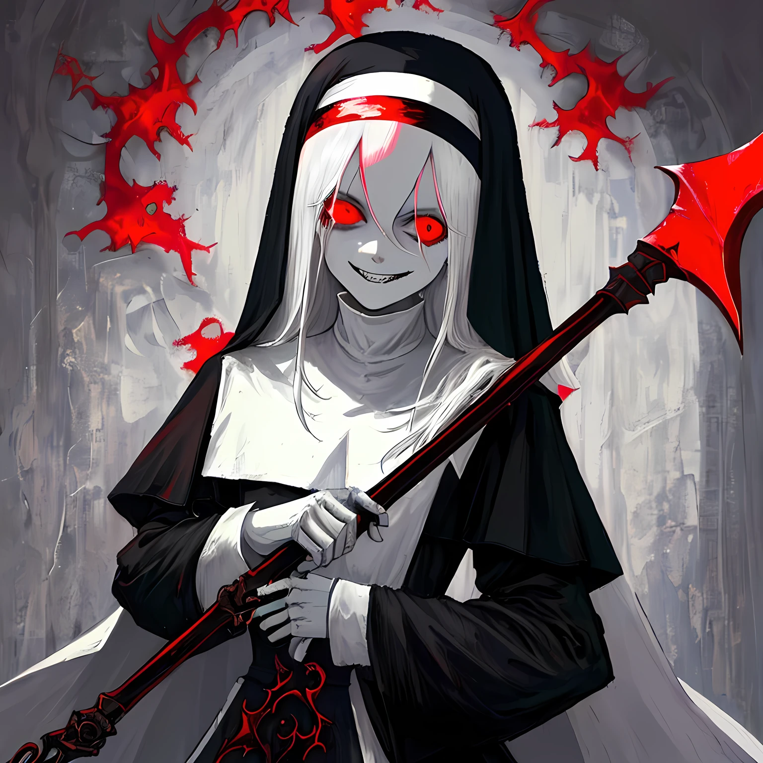 Nun, white hair , red eye, holding iron axe, creepy look, dark Fantasy background, Creepy smile,