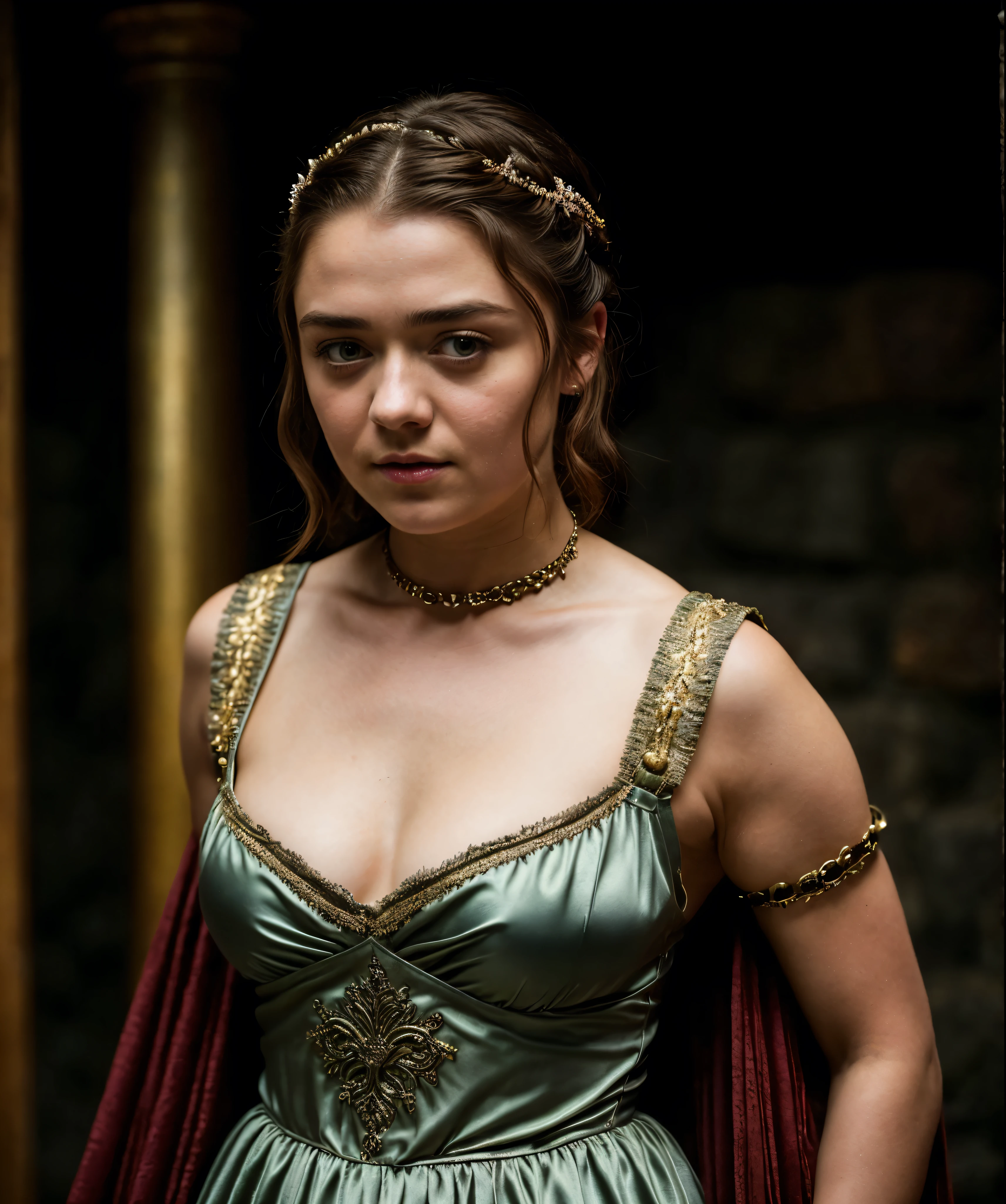 Foto RAW, Arya Stark, Extremely gorgeous lady, Arya Stark PLAYED BY MAISIE WILLIAMS, Queen Arya Stark, she a mature woman now, milf, sexy mediaeval battle dress, gladiator woman, body, 40 years old Woman, body revealing costumes, perky breast, big natural breast, erotic costumes, lusty physique, seductive figure can capture every people's attention, Game of thrones costumes, revealing captivating figure, Mediaeval costumes, revealing clothes, A tomboy, she would rather fence than dance, warrior queen , game of thrones screen caps, Game of Thrones Series, (pele altamente detalhada: 1.2), 8k UHD, DSLR, soft-lighting, alta qualidade, grain of film, Fujifilm XT3, flawless picture, highly detailed, detailed Beauty, intricate, 32k, sharp picture,