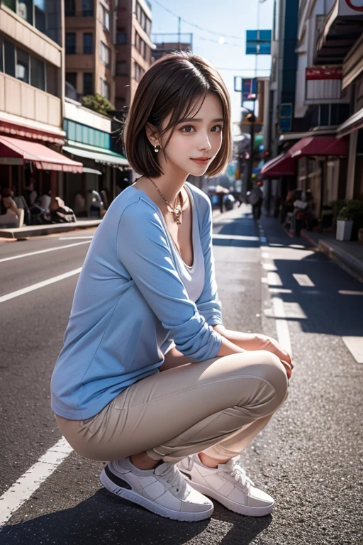 highest quality, Very detailed, masterpiece, 1 person,woman,(((完璧なwomanの体))),Very beautiful face, Very beautiful body,Gentle expression, Very beautiful eyes,(Perfect Makeup:1.1),Fashion Model,Korean Fashion,short hair,Shaggy Hair,Light blue hair:1.3, Very thin body,Smart Abs,Monotone loose short sleeve shirt,long jogger pants,necklace,anklet,High-top sneakers,A kind smile,Full body portrait,(Street background:1.3), (Shiny skin),(Earrings),