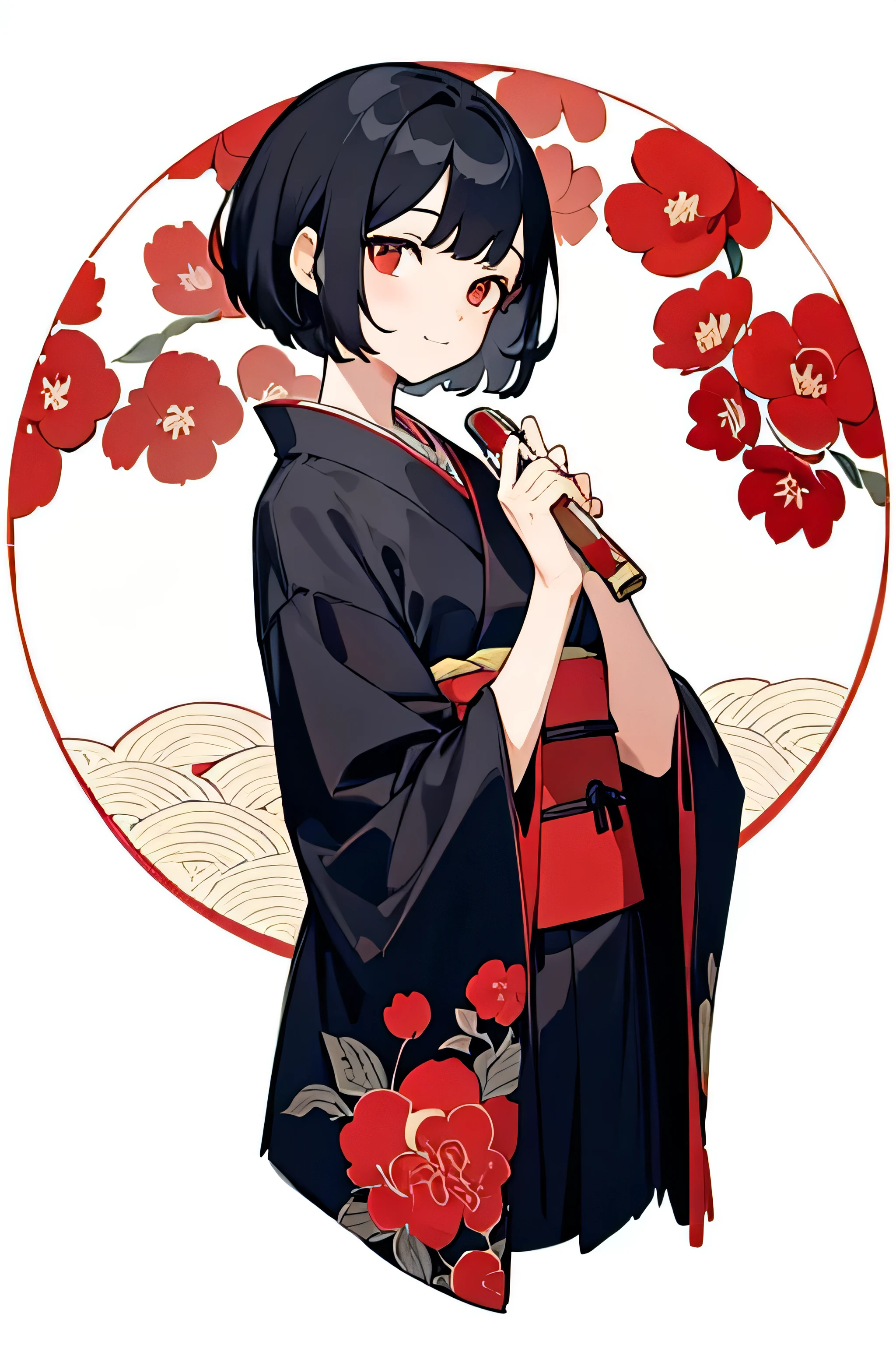 (Detailed and top quality illustrations:1.2), (pretty girl:1.0), (One girl, alone:1.0), (Black Hair, Black short hair:1.0), (red kimono, Camellia pattern:1.0), (smile:0.6), (Upper Body:1.0), (Very detailed, High resolution:1.0),