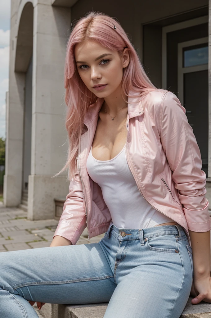 erstelle mir ein weibliches Model, Beautiful, pinke Haare, eine authentische Art, light jeans and a white bodysuit with pink jacket