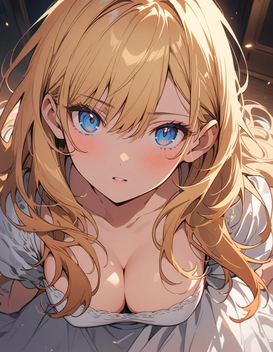 , Very large breasts in a short European dress that shows cleavage、(highest quality、masterpiece、High resolution、detailed)、anime style、Flat Style、(Beautiful Eyes, Delicate and beautiful face, ), break,1 girl、extremely detailed、(The Shining), Best lighting, Best Shadow、High saturation、Dynamic Angle、anime、Blonde