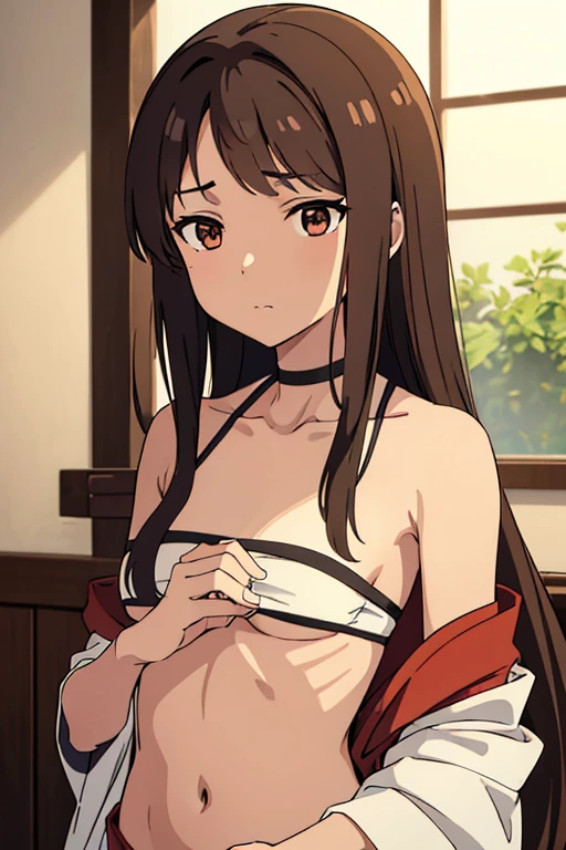 ((best quality)), ((masterpiece)), (detailed), perfect face, brown skin anime girl wearing a deep V neck japanese outfit, (bare shoulders), famished in hunger, (gently resting hands on stomach), (long hair), (hands on her stomach)