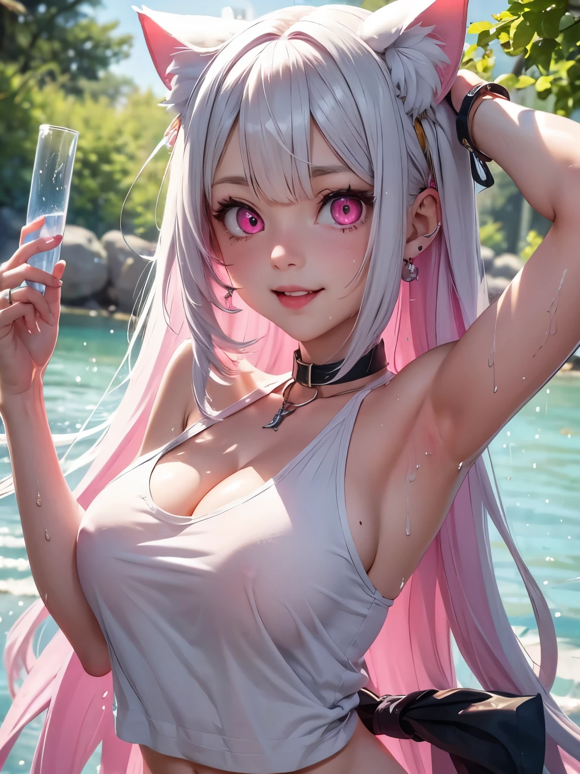 White hair. Long hair. Inner pink hair. Anime girl. Pink eyes. Glowing eyes. Nekomimi. Smile. Tanktop. Wet armpit. Wet nipple. Cleavage. Forest