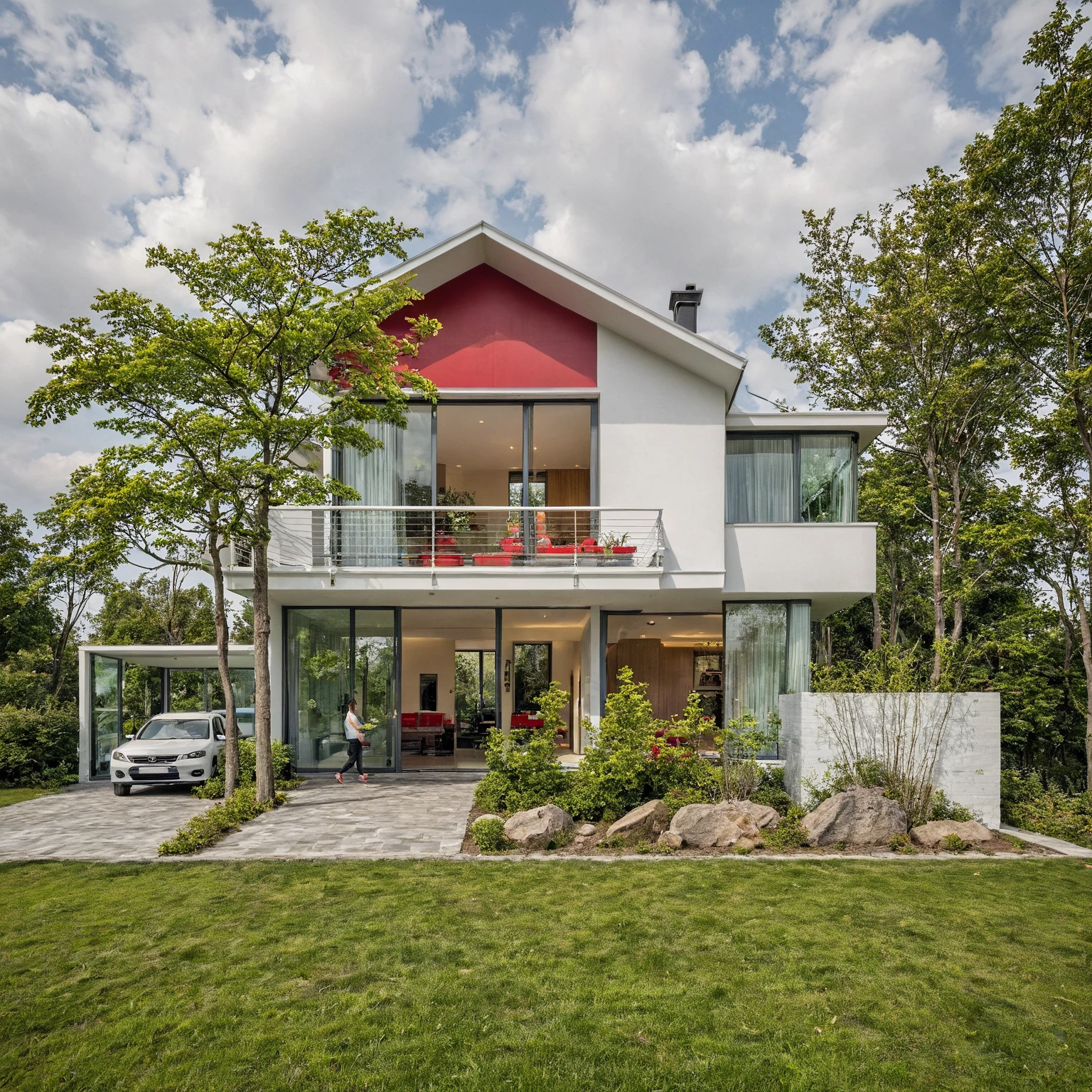 A white modern house, stacked cubes, curved, winding walls, open space, large glass doors, combining red and yellow materials, no human, no person