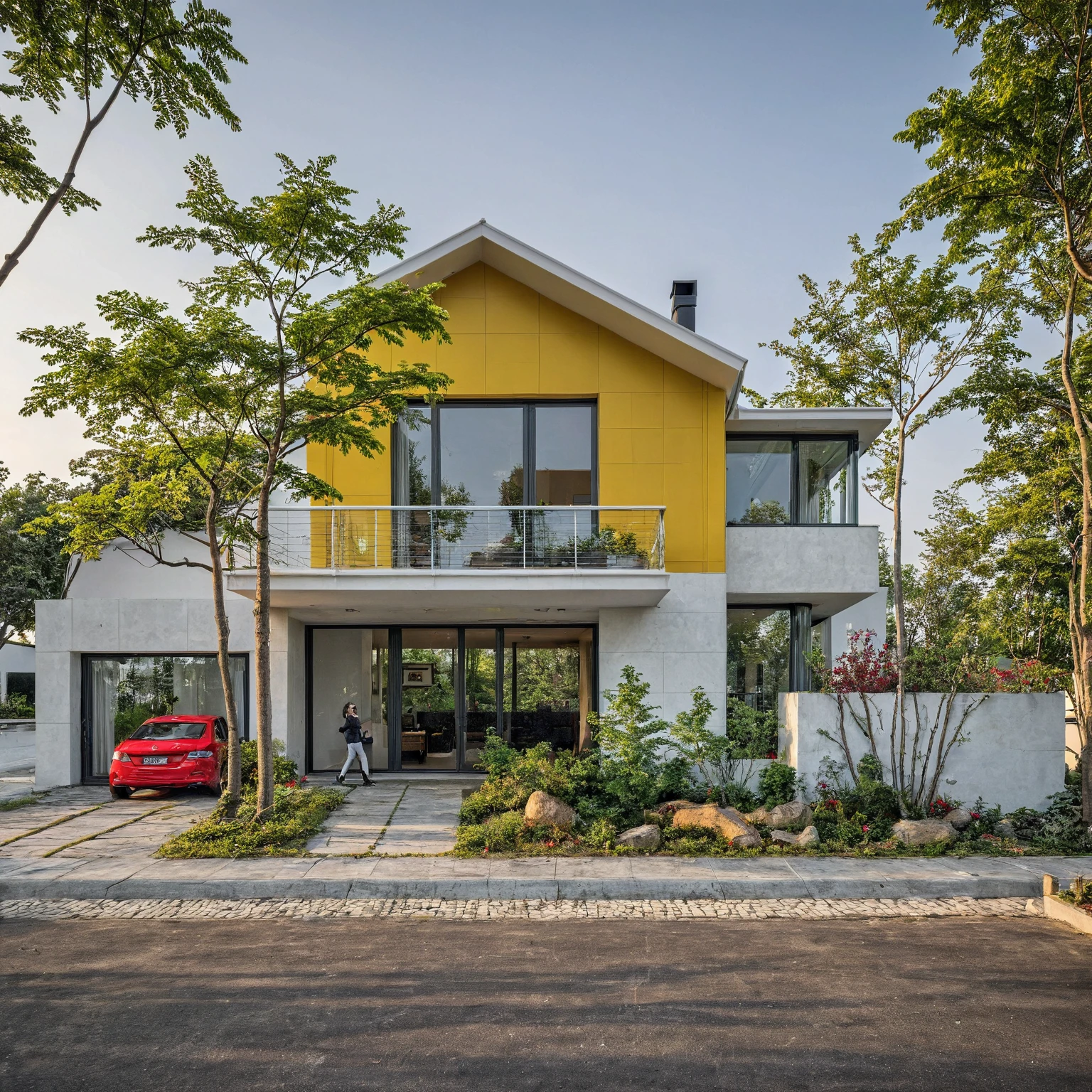 A white modern house, stacked cubes, curved, winding walls, open space, large glass doors, combining red and yellow materials, no human, no person