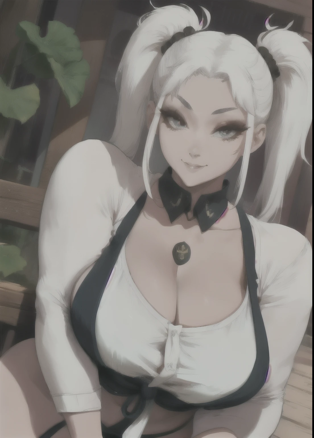 Beautiful woman, Asian, thick, short white blouse tied, big cleavage, short shorts, huge breasts, ptanta eyes, white hair ptanta locks, twin tails, lotus flower details, sarcastic smile, star and heart touch, ink, realistic, textures, 8k, perfect hand, perfect anatomy, sensual, Two people