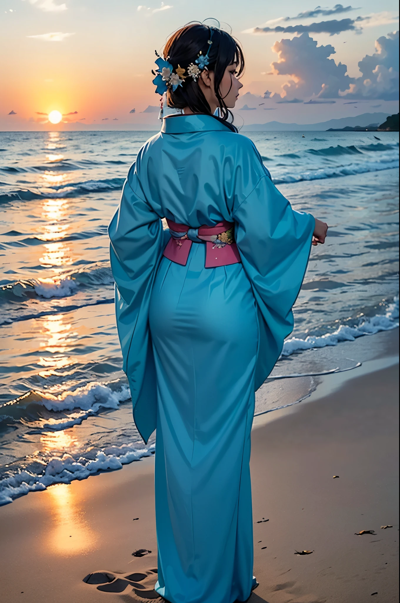 A beautiful woman in a light blue kimono looks at the sunset over the sea from the sandy beach