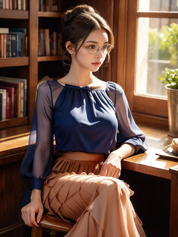 (Realistic、High resolution:1.3),alone, One Girl, masterpiece, highest quality, Very detailed, Cinema Lighting, Intricate details, High resolution, Official Art, Beautifully detailed face and eyes, High resolutionのイラスト, 8k, (Short bun hairstyle), Ash Brown Hair:1.3, Very thin body, ((Chiffon long skirt、Chiffon blouse:1.3)) 、Single Blade, blue eyes, Glasses, Crossing your legs, Sit on a chair, patterned high heels, Big Breasts, Book_stack, library, ((vine)), Looking at the audience,whole body,Elegant Heels,