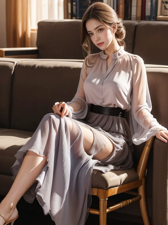 (Realistic、High resolution:1.3),alone, One Girl, masterpiece, highest quality, Very detailed, Cinema Lighting, Intricate details, High resolution, Official Art, Beautifully detailed face and eyes, High resolutionのイラスト, 8k, (Short bun hairstyle), Ash Brown Hair:1.3, Very thin body, ((Chiffon long skirt、Chiffon blouse:1.3)) 、Single Blade, blue eyes, Glasses, Crossing your legs, Sit on a chair, patterned high heels, Big Breasts, Book_stack, library, ((vine)), Looking at the audience,whole body,Elegant Heels,