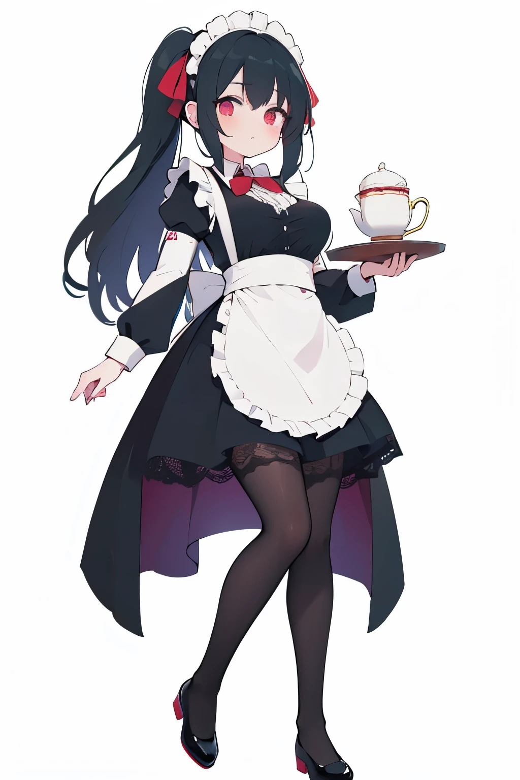 adult succubus maid waitress big full body standing on feet holding one tray with tea white background