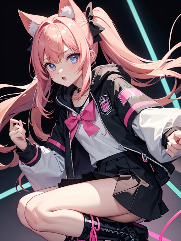 Light brown hair with neon pink tips and shades, royal blue eyes, small breasts, black school girl shirt with neon pink bow and white necklace with a Royal Blue orb, a black jacket with a white hood and pockets, black skirt almost reaching her knees with the ends of the skirt being white and having white lines going up, cat socks reaching over her knees with the eyes, inner part of the ears and mouth being neon red and rest black, lastly black boots with neon yellow lines and a small neon yellow star on each side of the boots, anime. 