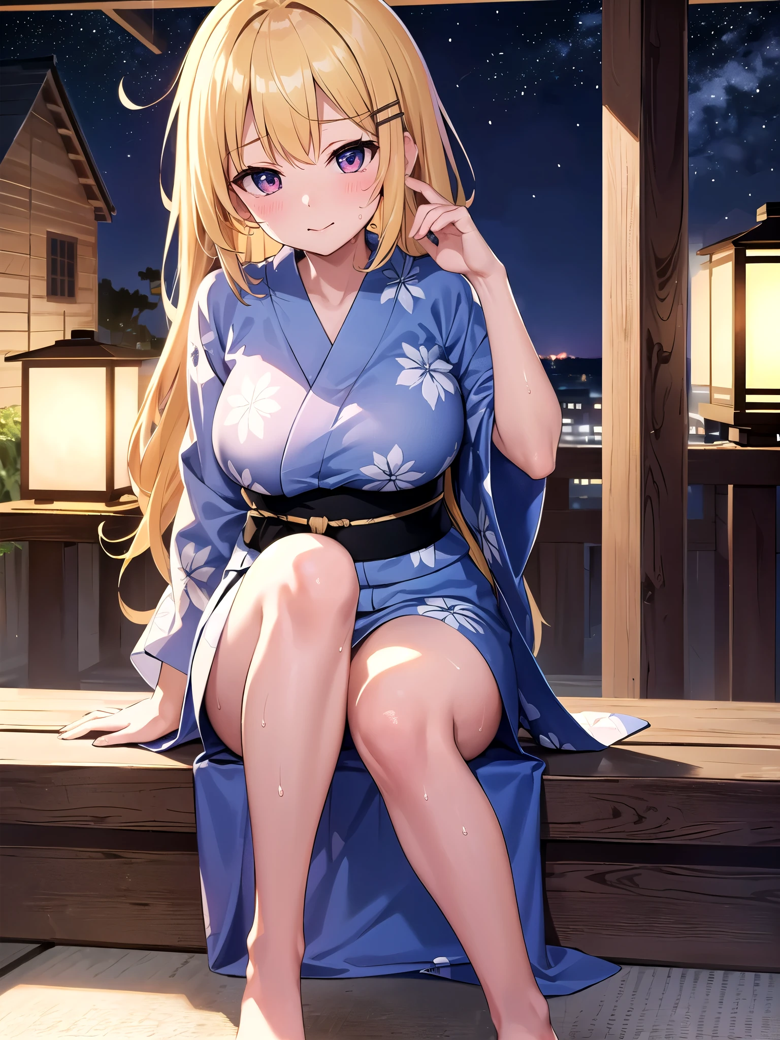 (Very detailed CG ユニティ 8k 壁紙),(masterpiece),(highest quality),(Very detailed),(Best illustrations),(Best Shadow),(Absurd), alone、One Girl、yukata、胸元が開いたyukata、hostel、firework、night、The chest is exposed、hairpin、Blonde,Messy wavy long hair、Point your feet towards the viewer,Big Breasts、Ahegao、Sweat、blush