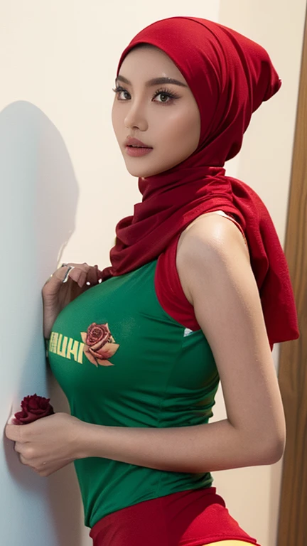 ((big breasts)), RAW, Best quality, high resolution, Work: 1.3, Indonesian girl in a beautiful sexy hijab, wearing a volleyball transculent jersey,red rose hijab mixed with green, cosplayer pose, very detailed.