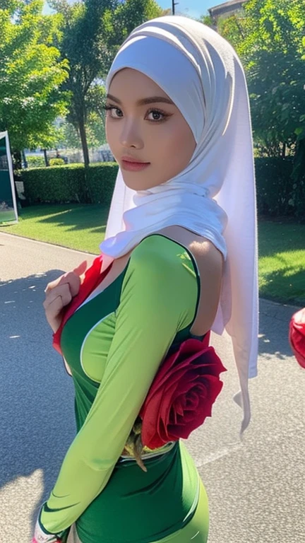 ((big breasts)), RAW, Best quality, high resolution, Work: 1.3, Indonesian girl in a beautiful sexy hijab, wearing a volleyball transculent jersey,red rose hijab mixed with green, cosplayer pose, very detailed.