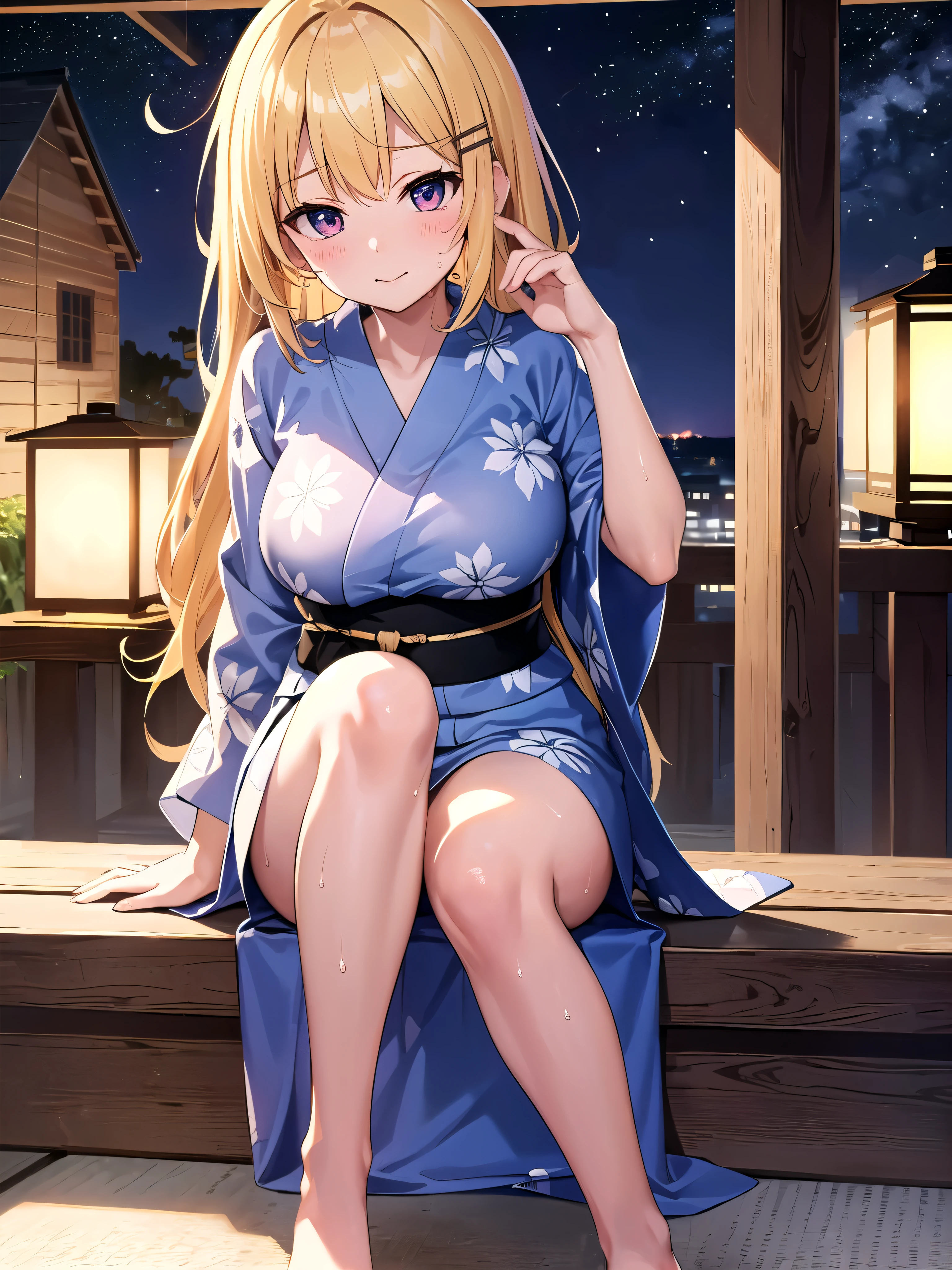 (Very detailed CG Unity 8k wallpaper),(masterpiece),(highest quality),(Very detailed),(Best illustrations),(Best Shadow),(Absurd), alone、One Girl、yukata、Open-chested yukata、hostel、firework、night、The chest is exposed、hairpin、Blonde,Messy wavy long hair、Point your feet towards the viewer,Big Breasts、Ahegao、Sweat、blush