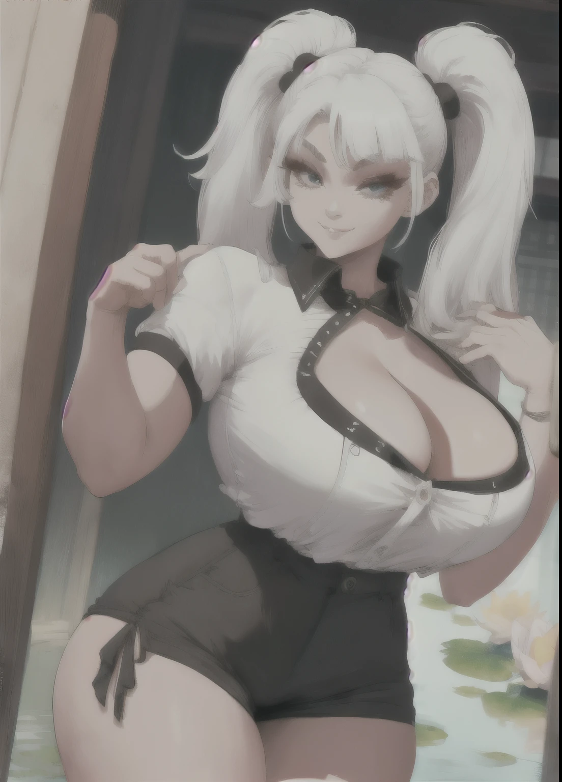 ass, Beautiful woman, Asian, thick, short white blouse tied, big cleavage, short shorts, huge breasts, ptanta eyes, white hair ptanta locks, twin tails, lotus flower details, sarcastic smile, star and heart touch, ink, realistic, textures, 8k, perfect hand, perfect anatomy, sensual