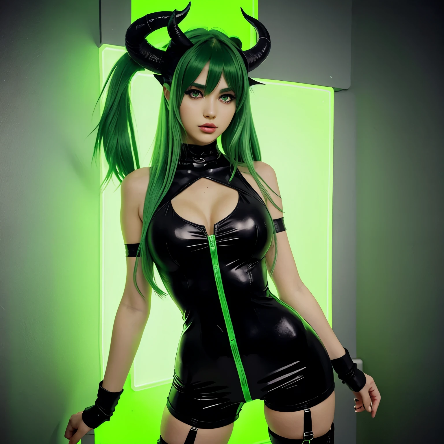 pretty green haired demon girl, horns, black and neon green colored bodysuit with tight fit, anime style, digital art in the style of anime