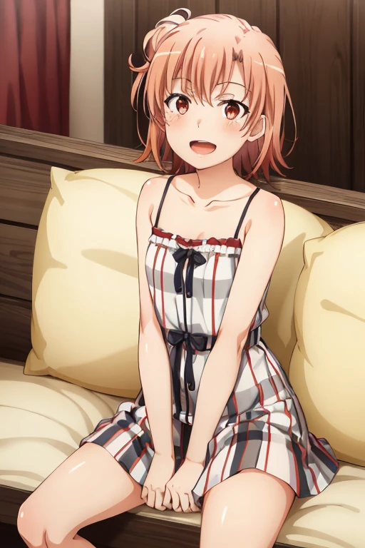 ((highest quality)), ((masterpiece)), (be familiar with), Perfect Face, indoor, Bedroom, Watching the audience,
One woman, Yuigahama Yui,
Open Mouth, Ecstatic expression, blush, smile,
Small breasts, Flat Chest, Young Girl, , , Girl,
Short Hair, Salmon-colored hair, Salmon-colored eyes, Side Pony,
Leg spread,