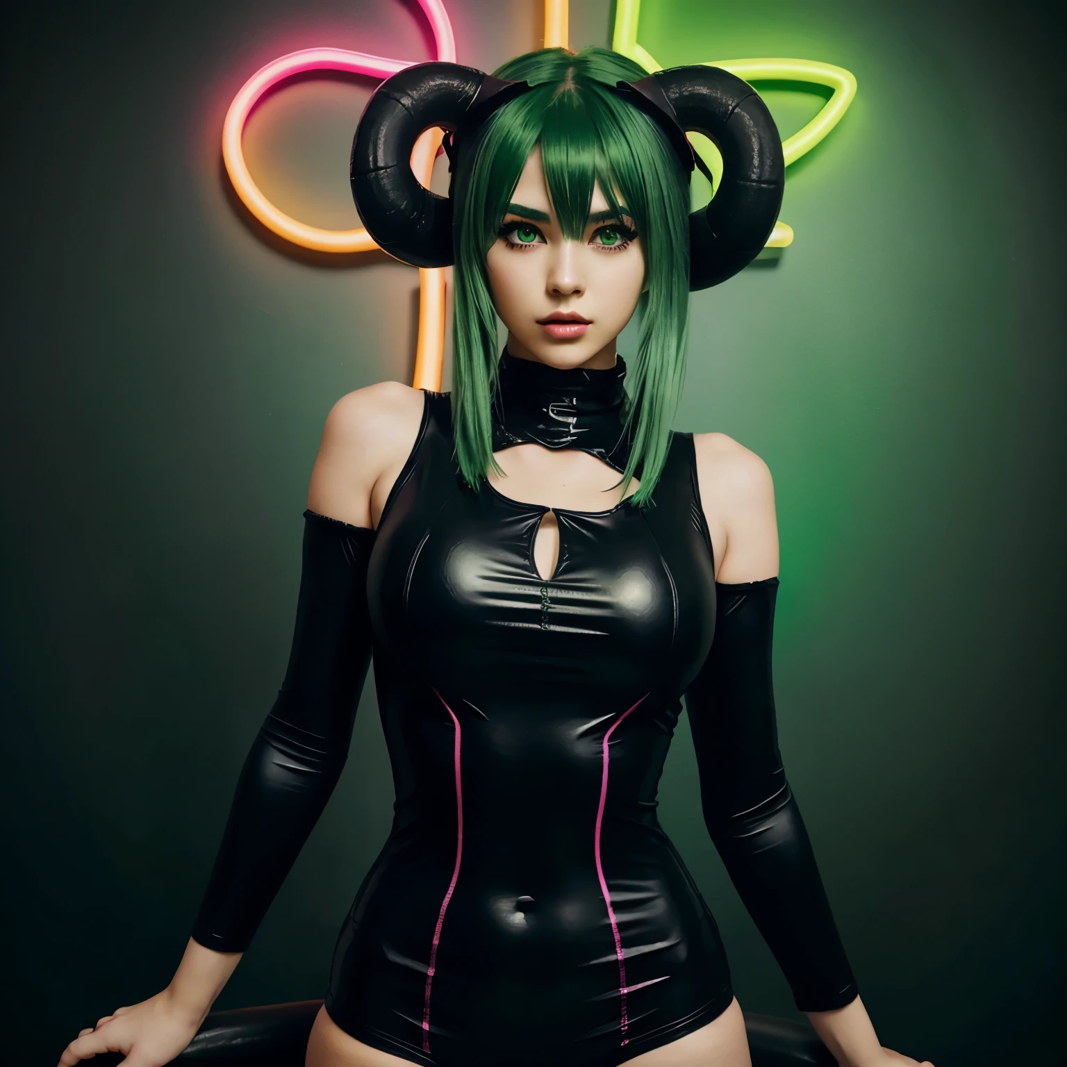 pretty green haired demon girl, horns, black and neon green colored bodysuit with tight fit, anime style, digital art in the style of anime