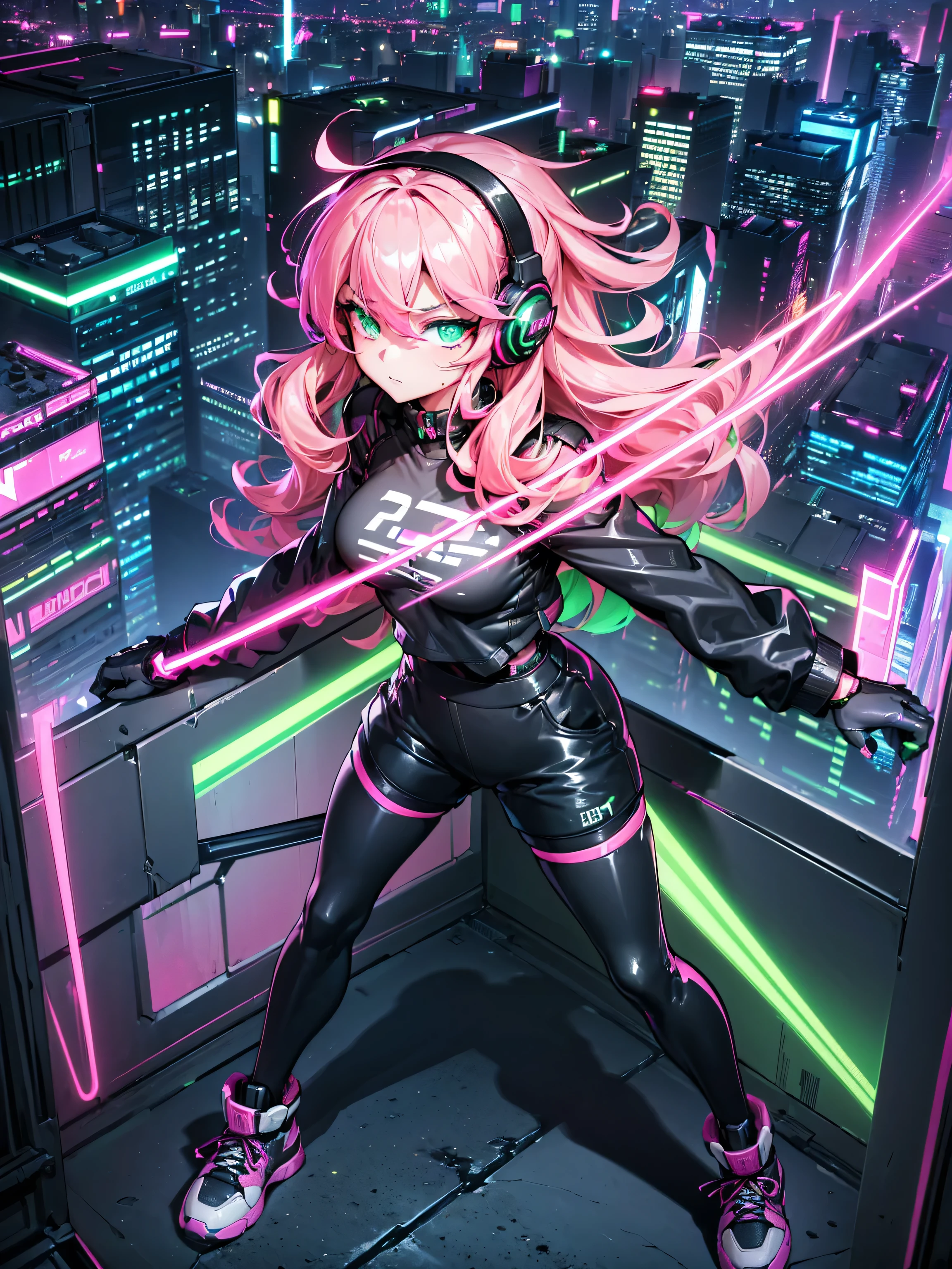 masterpiece:1.4, 1girl ((20year old, dressed in long sleeve shirt, tight black shorts, sneakers, medium breasts, multicolor pink hair, curly long hair, green eyes:1.4, Wearing headphones, badass, standing on a balcony:1.1 sci-fi skyline in background:1.1, neon and energetic atmosphere:1.2)) ((nighttime) ((wide camera angle, top view)) ((solo:1.6))