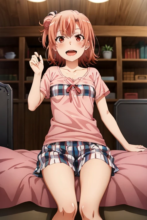 ((highest quality)), ((masterpiece)), (be familiar with), Perfect Face, indoor, Bedroom, Watching the audience,
One woman, Yuigahama Yui,
Open Mouth, Ecstatic expression, blush, smile,
Small breasts, Flat Chest, Young Girl, , , Girl,
Short Hair, Salmon-colored hair, Salmon-colored eyes, Side Pony,
Leg spread,