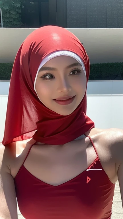 ((big breasts)), RAW, Best quality, high resolution, Work: 1.3, Indonesian girl in a beautiful sexy hijab, wearing a transparent volleyball jersey, rose red hijab mixed with black, elegant and charming pose, sweet smile very detailed.mastepiece