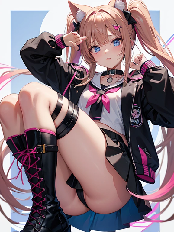 Light brown hair with neon pink tips and shades, royal blue eyes, small breasts, black school girl shirt with neon pink bow and white necklace with a Royal Blue orb, a black jacket with a white hood and pockets, black skirt almost reaching her knees with the ends of the skirt being white and having white lines going up, cat socks reaching over her knees with the eyes, inner part of the ears and mouth being neon red and rest black, lastly black boots with neon yellow lines and a small neon yellow star on each side of the boots, anime 