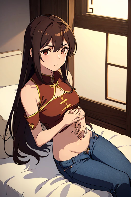 ((best quality)), ((masterpiece)), (detailed), perfect face, brown skin anime girl wearing a deep V neck Chinese outfit, (bare shoulders), (jeans trousers), famished in hunger, (gently resting hands on stomach), (long hair), (hands on her stomach)