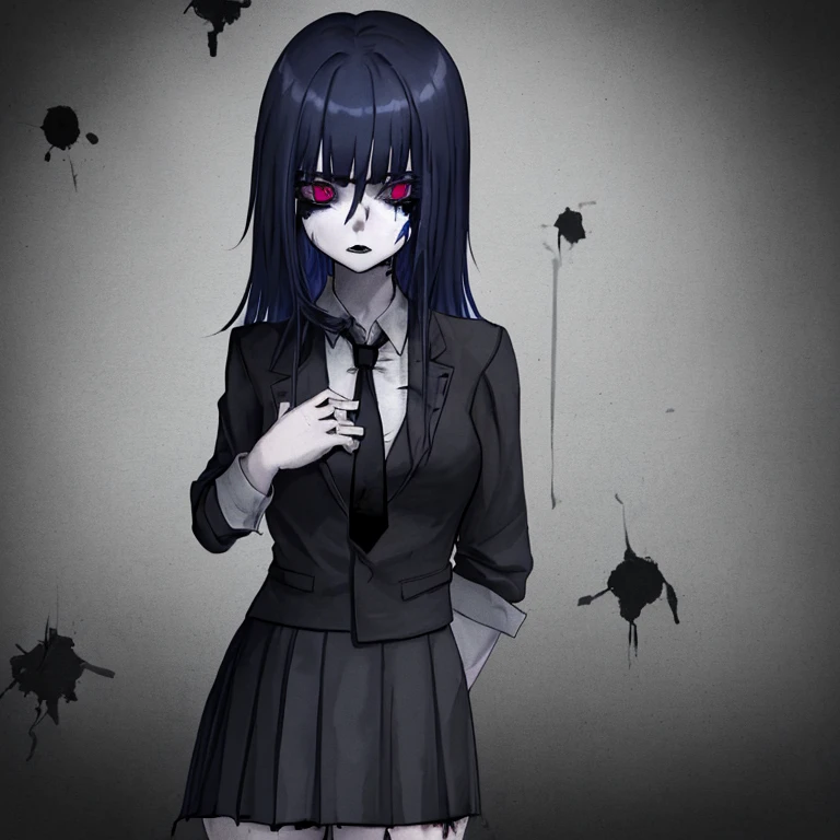 A dead school girl that wears a black with a tie she is covered with blood and her arm and body is filled with bruises and her hair is blue and black