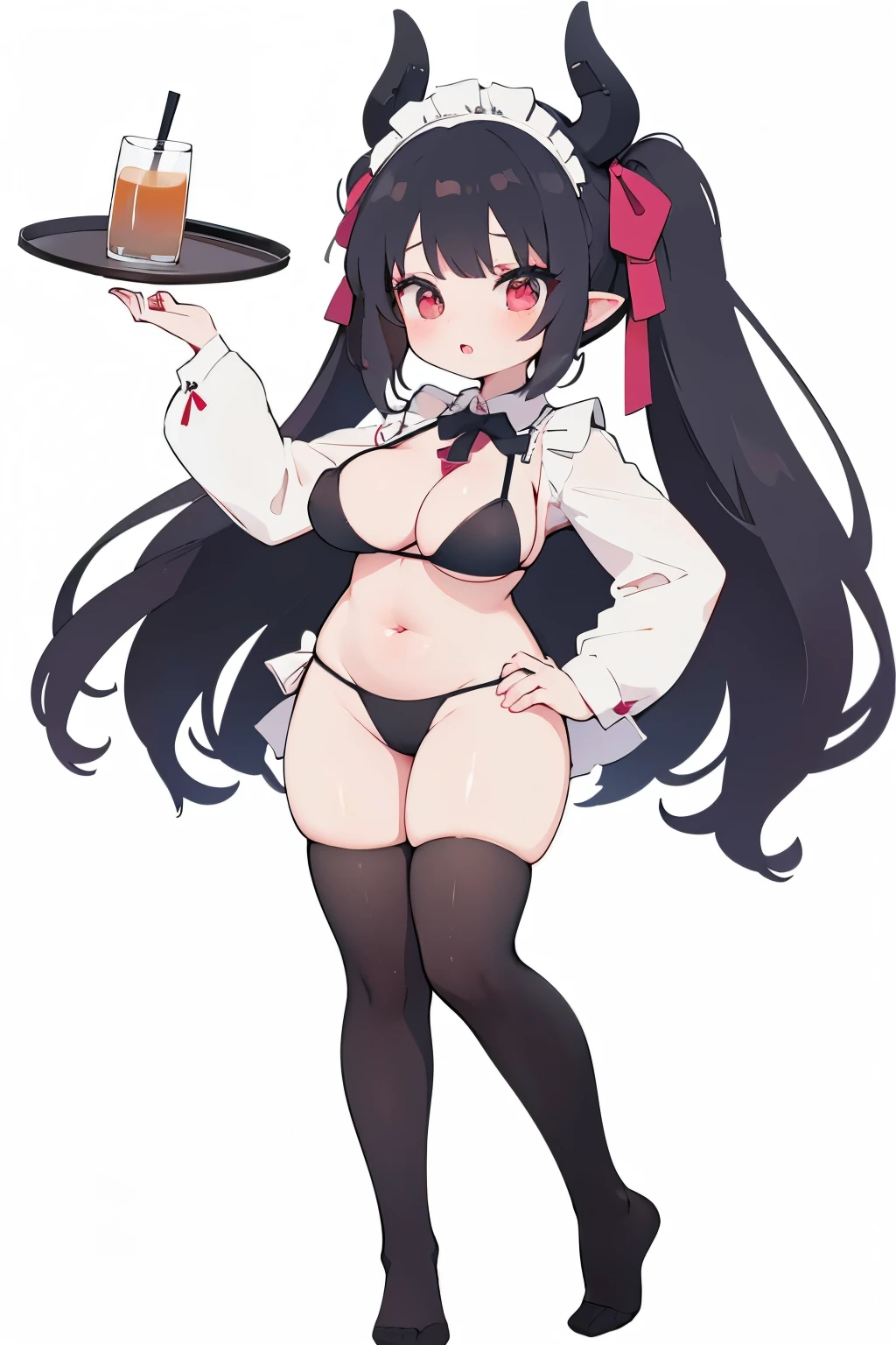 adult succubus bikini maid waitress big  full body sexy pose standing on feet holding one tray with tea on right hand white background