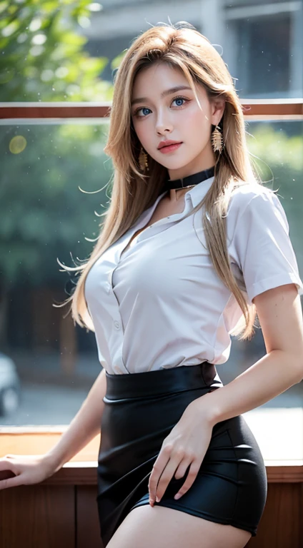 Tabletop, Highest quality, figure, Super detailed, In detail, High resolution, 8k wallpaper, Perfect dynamic composition, Beautiful attention to detail,Long Hair、smile,20-year-old girl、cute、Sexy look at the camera、Private Server、shopping、In town、T-Shirts、Big Breasts、Big breasts that are about to burst、mini skirt、Golden Hair、Super long hair、Blonde Hair