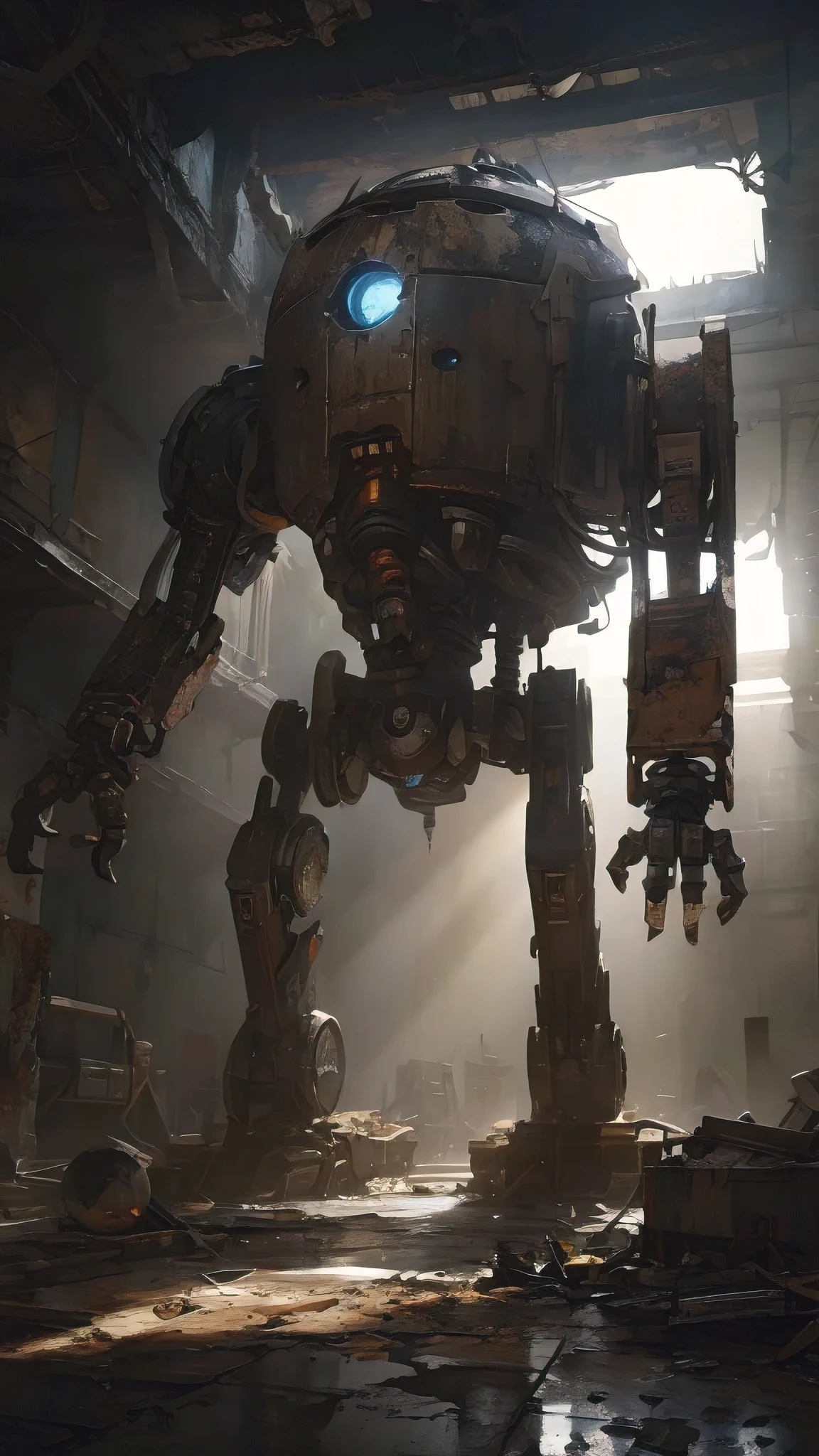 A captivating dark fantasy illustration of a massive robotic entity standing in a dilapidated and crumbling room. The colossal robot has a spherical upper body, adorned with a single, piercing blue eye at its center. Its legs are intricately designed, consisting of interconnected metal segments that show signs of age and wear. The rusted, corroded surface of the robot contrasts with the gloomy, decaying environment, which features broken walls, a debris-covered floor, and a beam of sunlight penetrating the darkness, casting dramatic shadows on the walls., painting, illustration, dark fantasy